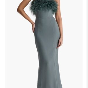 House of CB juliene dress in eucalyptus green 
Elegant Feather-Trimmed Dress